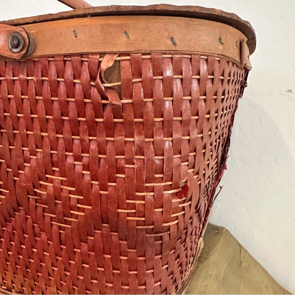 Vintage Redman picnic basket w/ metal handles-Woven Wicker Basket-shows use/age